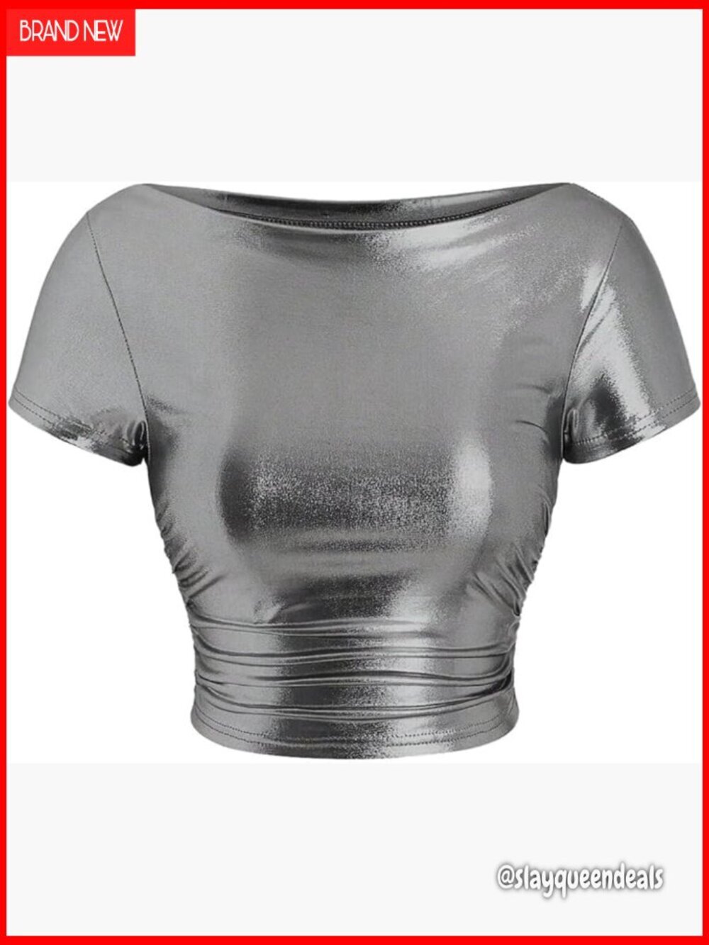 Metallic Crop Top Boat Neck Ruched Short Sleeve Party T-Shirt Clubwear